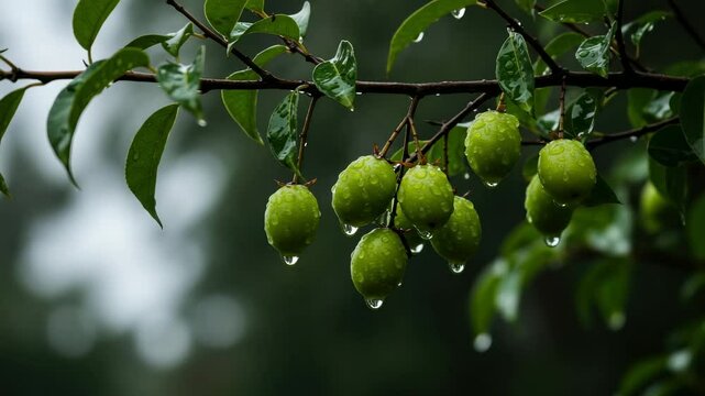 Fresh green fruits hanging from a branch, glistening with raindrops in a lush, natural setting - mamoncillo tree