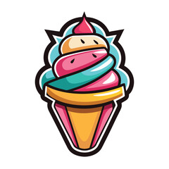Funky Cartoon Ice Cream Cone, Pink, Blue, and Yellow Isolated on a White Background