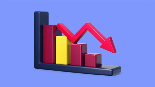 3D illustration of economic risk and trade concept. Declining graph with colorful bars and downward arrow on blue background.