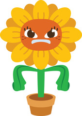 simple cartoon cute sunflower character is angry with both hands clenched into fists