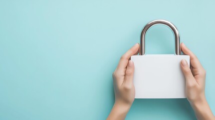 Secure padlock held with hands on a blue background.