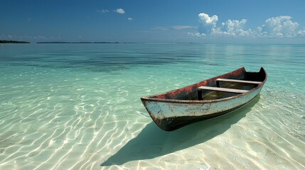 An old weathered boat floats calmly in clear ocean waters