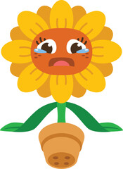 simple cartoon cute sunflower character is sad with both hands on the ground