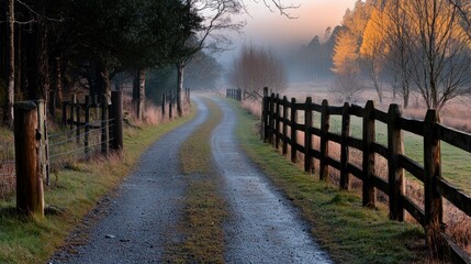 Obraz premium A winding gravel road alongside fences through a misty landscape