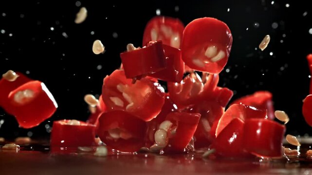 Dropping chopped chili peppers onto a board. Filmed on a high-speed camera at 1000 fps. High quality FullHD footage