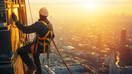 Fototapeta premium Worker on a skyscraper at sunset.