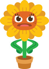 simple cartoon cute sunflower character is angry with both hands on the waist
