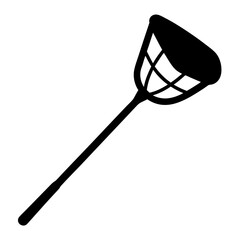 Black and white illustration of a long handled net for catching leaves or other debris