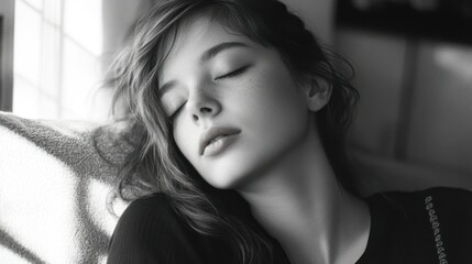 Naklejka premium A young woman peacefully rests with her eyes closed