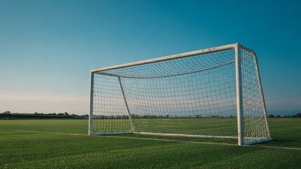 A simple photograph of a white soccer goal with a silver frame, standing on a pristine green grass field