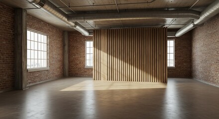 Empty Oak Slat Accent Wall. Vacant living room for virtual staging. Wood and brick accents in industrial style loft.