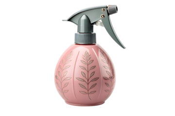 Pink plant mister spray bottle with leaf design on transparent background