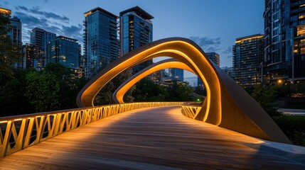 A modern pedestrian bridge illuminated with lights in a cityscape