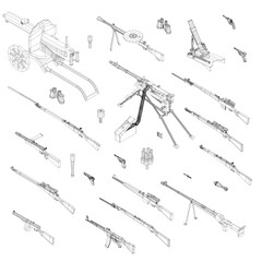 A collection of guns and gun cart. The guns are of various sizes and shapes. Cart is attached to the guns and is used to transport them. Concept of military equipment and organization. Isometric view