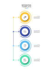 Infographic template with four horizontal circular elements, each featuring an icon and text area. The circles are connected by a dotted line. Vector illustration.