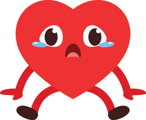 simple cartoon cute heart character is sad with both feet and hands on the ground