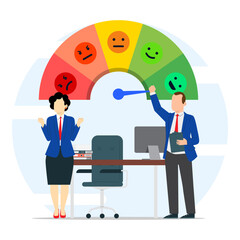 Business people celebrating success in collaboration working together. Happy business team on high performance gauge. Staff achievement or excellent job.