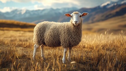 Fototapeta premium Fluffy sheep standing in a golden field, majestic mountains in the background.