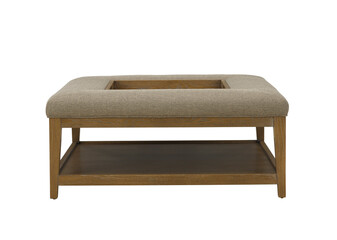 Modern square ottoman with wooden frame and fabric upholstery isolated