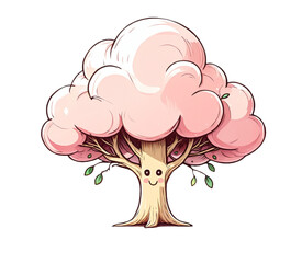 Cute cartoon tree with pink fluffy crown and smiling face, transparent background