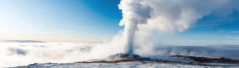 A powerful geyser erupts, shooting steam and water into the sky over a snowy, winter landscape under a clear blue sky.