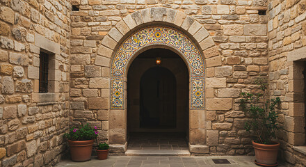 Fototapeta premium Ornate Mosaic Archway in Rustic Stone Courtyard