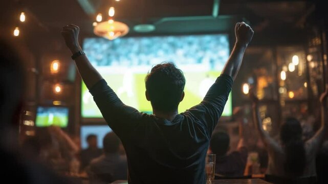 Victory at the Sports Bar: A fan exults in a sports bar while watching a thrilling game, as other sports enthusiasts share his joy