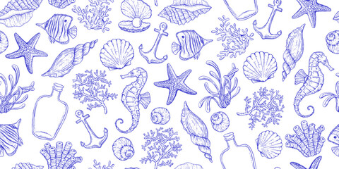Seamless pattern with sea creatures. Endless underwater life  background. Fish, sea shell, corals, starfish. Ocean wallpaper, wall art, fabric print. Summer vacation. Coral reef vector illustration. © olechkaart