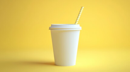 White disposable cup with yellow striped straw against yellow background.