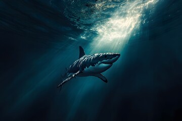 Naklejka premium A great white shark swimming in the ocean with sunlight shining through the water from above surface