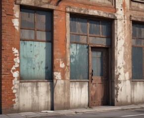 Weathered industrial facade, peeling paint, rusting metal, urban decay , photography, wall