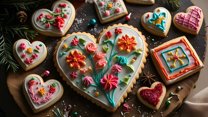 Artisanal heart-shaped and square cookies with colorful decorations