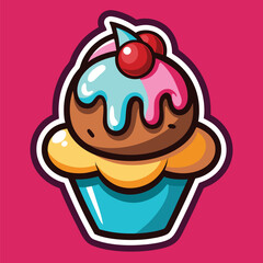 Cartoon Cupcake with Blue and Pink Frosting and Two Cherries on Top Icon Style