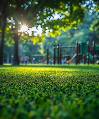 green lawn with blurred playground scenery