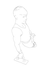 A man is doing a handstand on a gymnastics bar. He is holding a bag in his hand