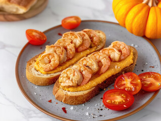 Shrimp toast with creamy spread and tomatoes