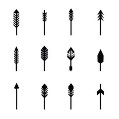 Black Arrow Icons Set with Diverse Fletching and Arrowhead Designs