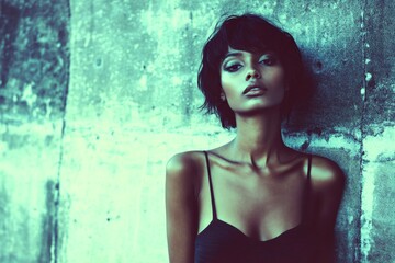 Short hairdo - highlighted hair. Commercial commercial visual idea. Pretty calm mixed-race girl - for ads, flyer and digital marketing use. Colored concept model. Portrait short hair look.