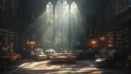 Sunlit Gothic Library Interior.
