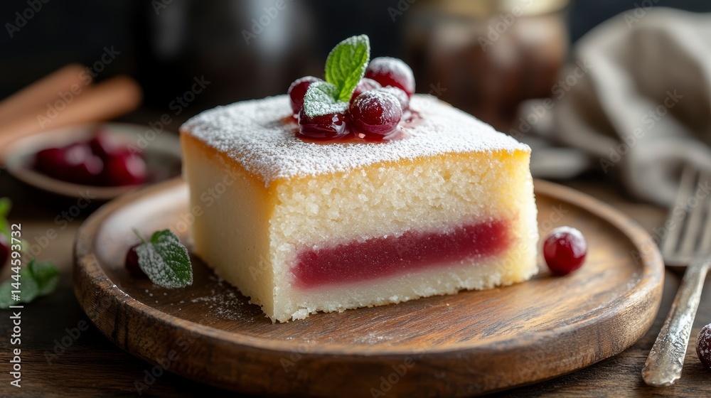 Poster delicious slice of homemade cranberry cake, dusted with powdered sugar and topped with fresh cranber