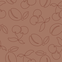 Seamless pattern with continuous one line drawing cherry and plum. Hand drawn berries for fabric,  packaging paper and more.