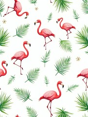 Fototapeta premium Refreshing summer seamless pattern with tropical palm leaves and flamingos for a lively tropical vibe concept as Tropical palm leaves and flamingos arranged in a seamless pattern f Seamless Set