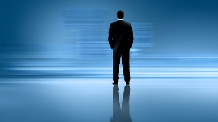 Fototapeta premium A silhouette of a logistics manager stands before a futuristic digital interface displaying various technological innovations in logistics, with ample copy space to the side.