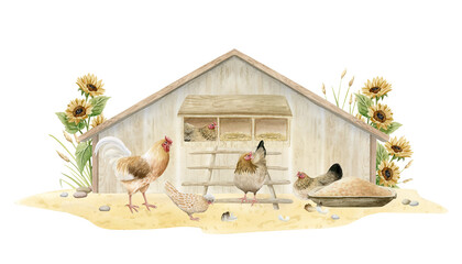 Chickens in wooden coop with sunflowers watercolor isolated illustration. Village farm scene with fall flowers, rooster and hens for poultry yard designs and organic goods. Domestic birds clip art © Elena Malgina