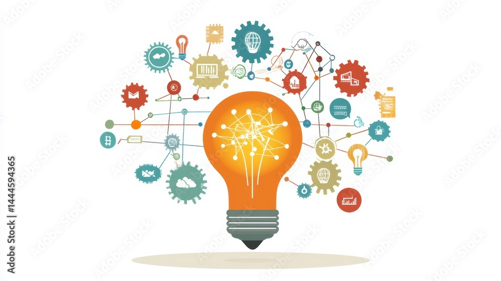 Aufkleber illuminated lightbulb with interconnected gears and icons, symbolizing innovation, ideas, and teamwo
