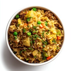 A top-view of a small white bowl filled with a starchy, savory rice mix, minced meat, and diced veggies&mdash;like a yellow biryani. Wet, hearty, and isolated on white