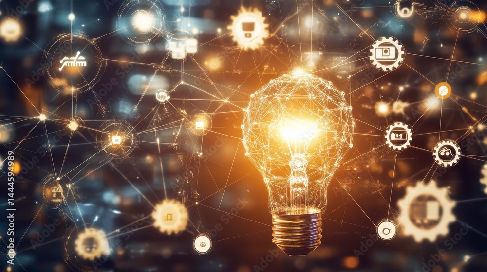 Poster glowing lightbulb with interconnected network of gears and icons, representing innovation, technolog