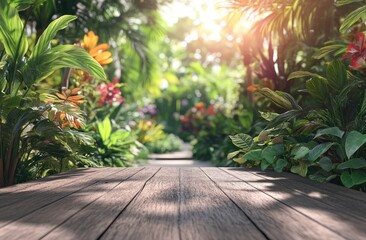 Wooden deck leading through vibrant tropical garden Sunlight streams through lush foliage, colorful flowers, and greenery