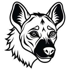 Black and White Line Art Head of African Wild Dog, Detailed Outlines and Markings