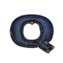Letter Q styled like denim, with blue jean texture, orange stitching, and metal rivets. Looks soft and padded, mimicking classic jeans construction